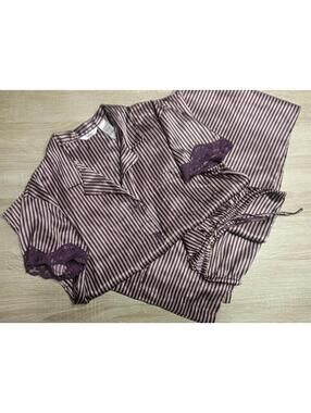 Monna Striped Satin Pajama Set with Lace Trim, Size M